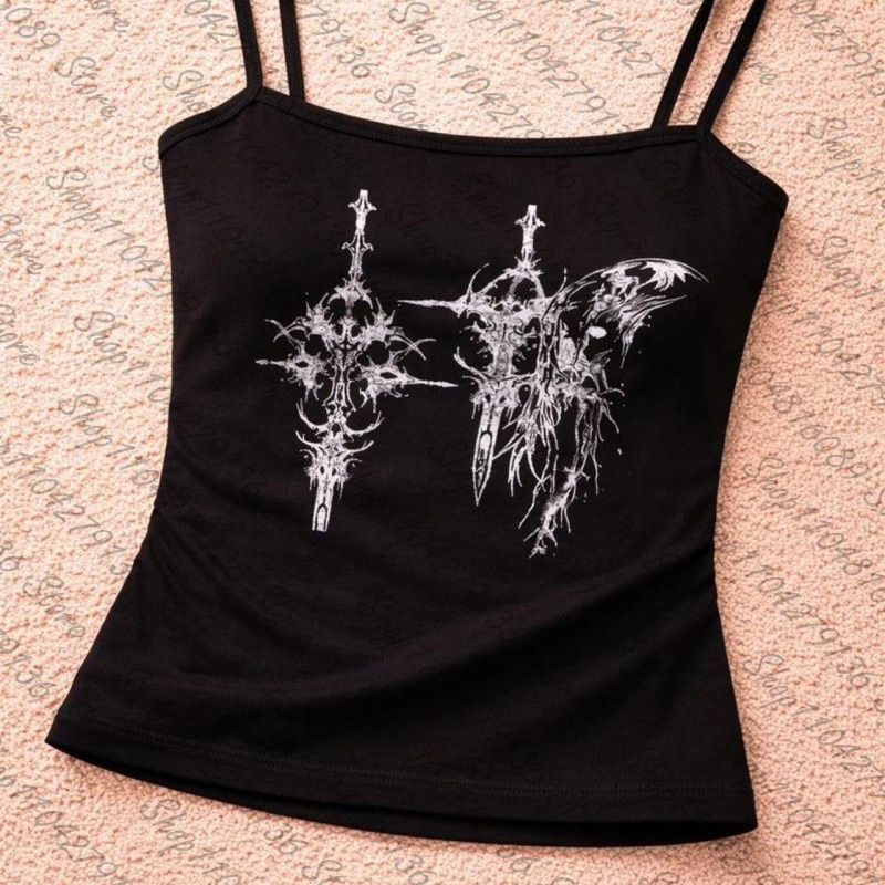 Y2K Graphic Baby Tee Crop - ゴシック女性用コルセットタンクトップ Y2K グラフィックプリント服 エステティックパンク ヴィンテージ キャミソールトップ