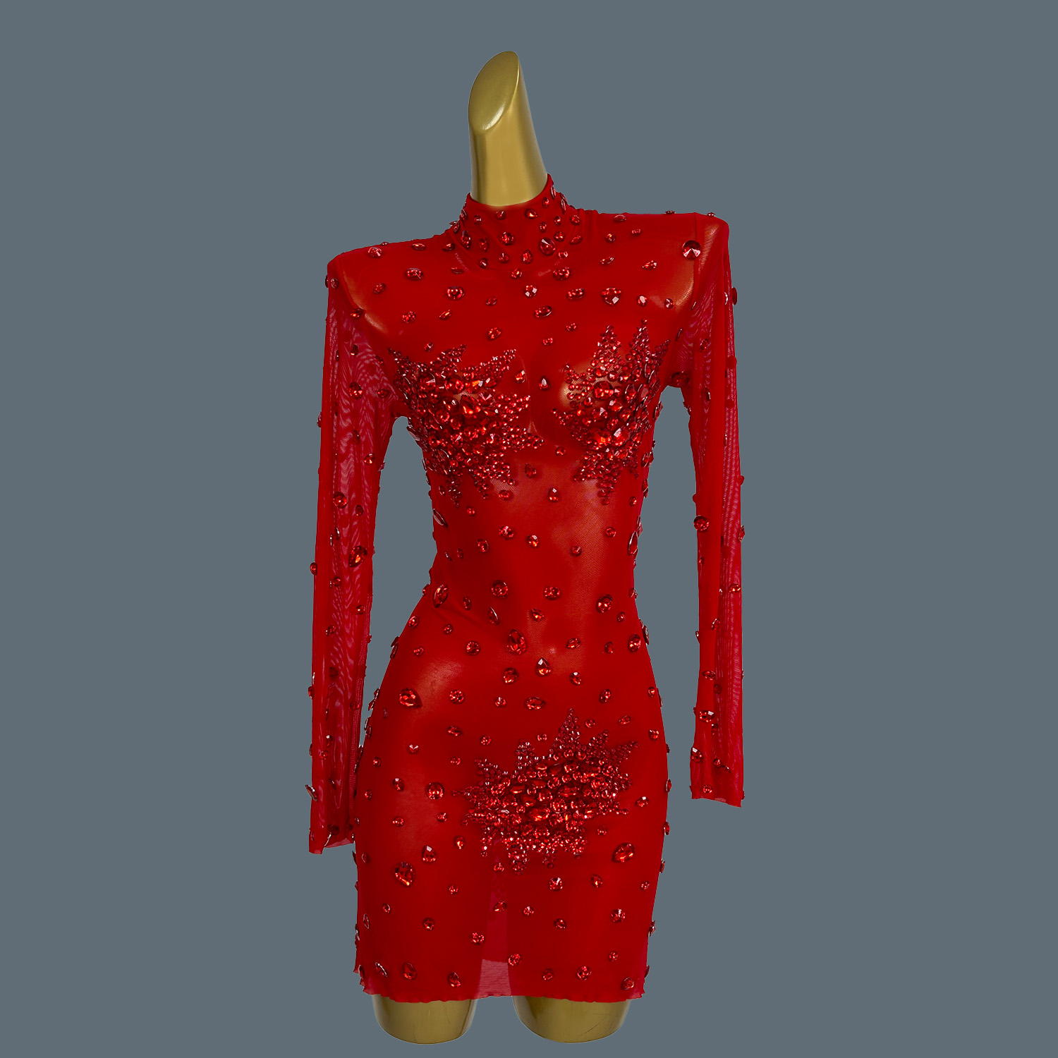 Sparkly Rhinestone Club Party Dress - Gibin-ラインストーン付きの透明なミニドレス,赤,きらびやか,赤,豪華,イブニング,クラブ,ファッション,パフォーマンス,ステージウェア