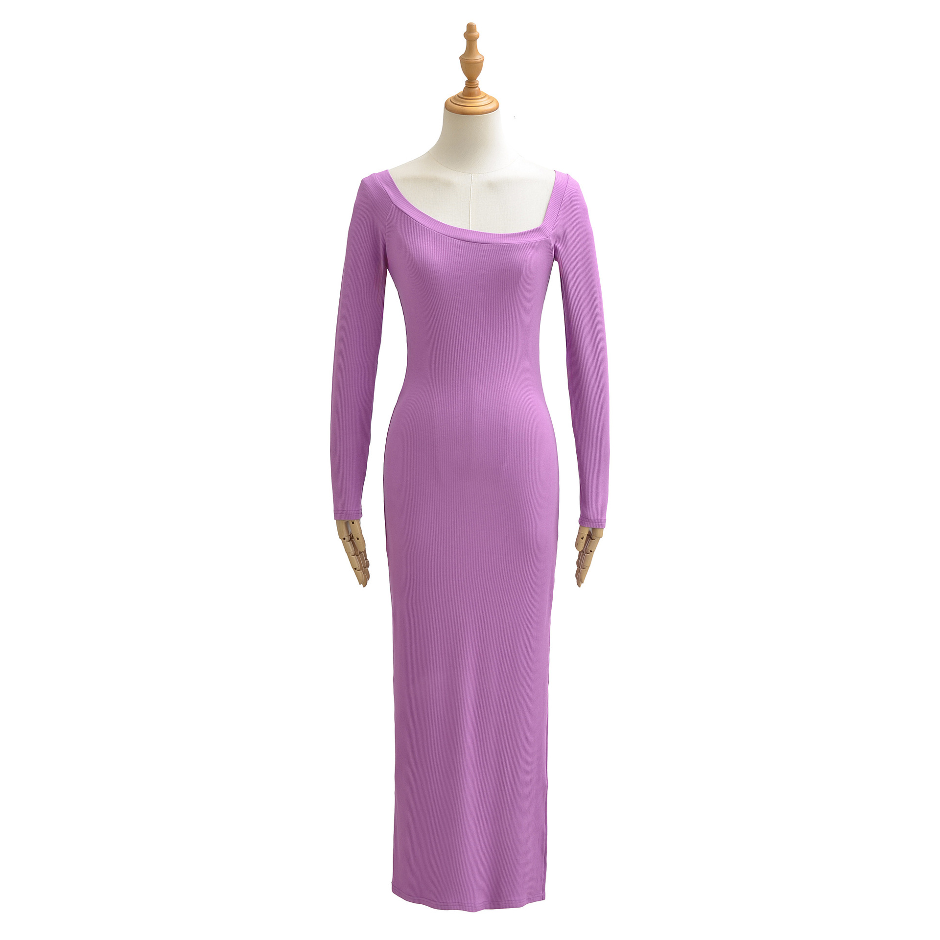 Bodycon Long Sleeve Ribbed Dress - リブドレス女性用スクエアネック長袖スリムソフトストレッチカジュアルセクシーなオフショルダー長袖ボディコンドレスFUZE