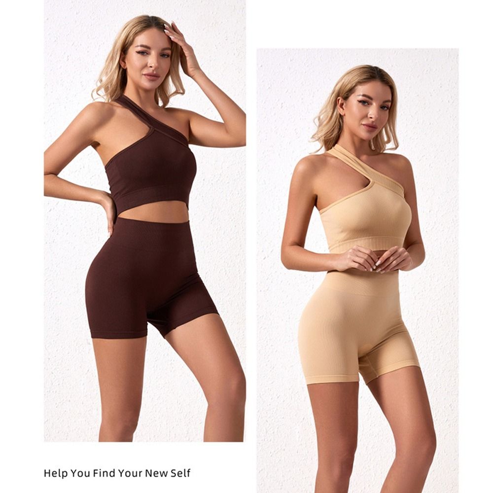 Seamless Ribbed Workout Tank Top - 2ピース 再利用可能なシームレス女性用ワークアウトセット リブ編みハイウエストヨガウェア ワンショルダートップス スポーツブラ ランニング用