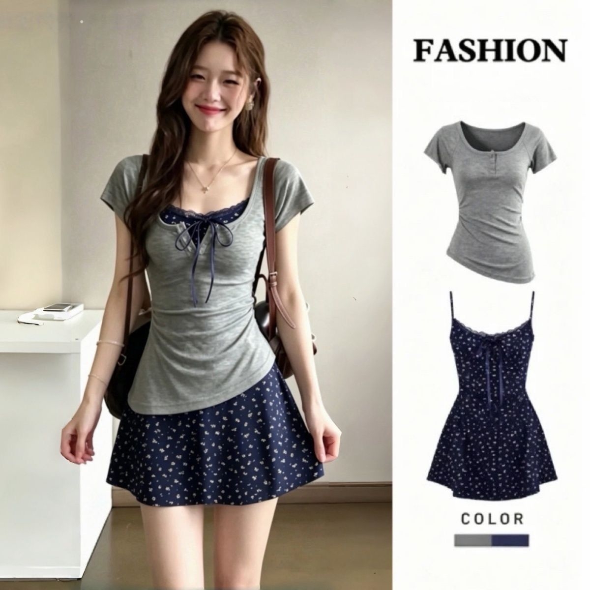 Korean Style A Line Shirt Dress - 女性のフレンチグレースフルスリムレースミニスリングドレスTシャツ2点セットレディサマー韓国甘い蝶結びキャミソールドレススーツ