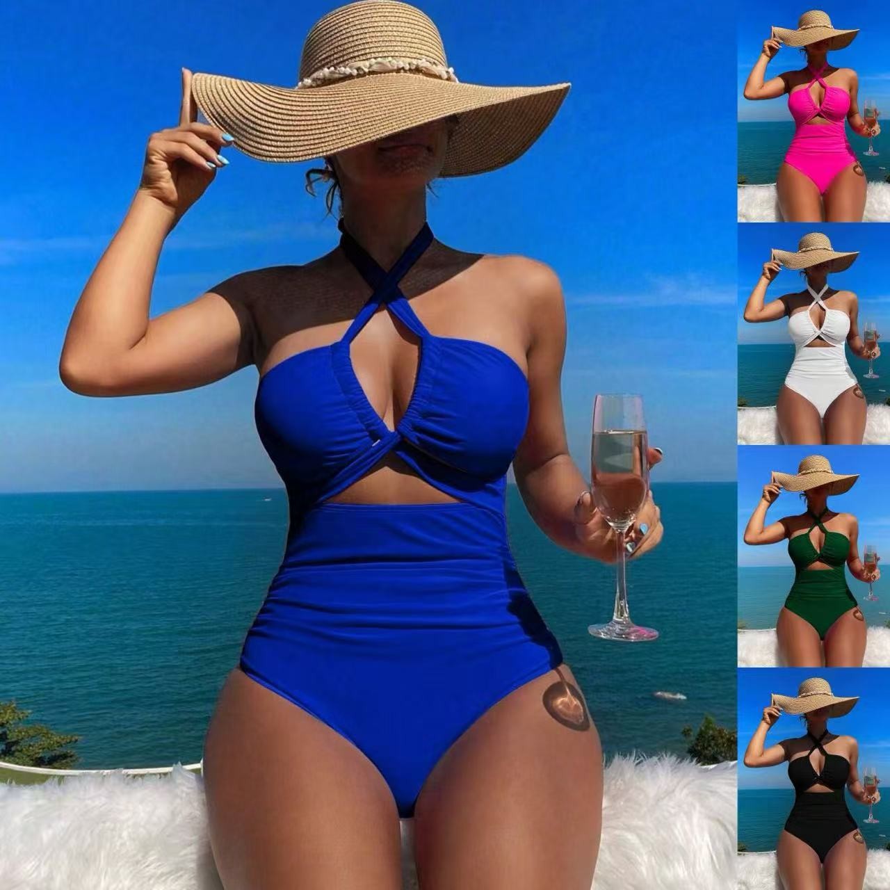 Swimwear - 女性用水着 ホルターネック 無地水着 バックレス ウエストシンチング水着 ルーシュドバスト