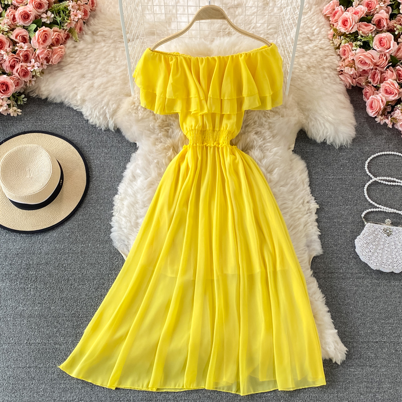 Off Shoulder Puff Sleeve Sundress - 女性のための裸の肩のシフォンドレス,セクシーなビーチドレス,パフスリーブ,黄色,無地,ヴィンテージ,自由奔放に生きる,夏