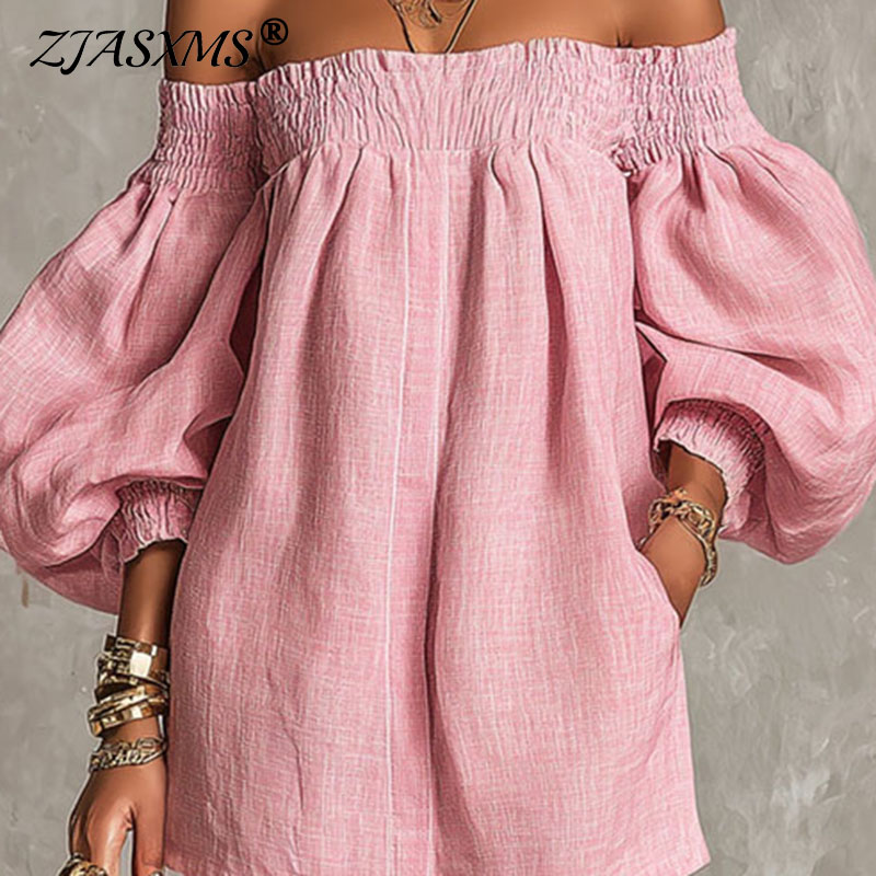 Off Shoulder Puff Sleeve Sundress - 女性用 オフショルダー 新作ドレス ロングパフスリーブ スモックバスト Aライン