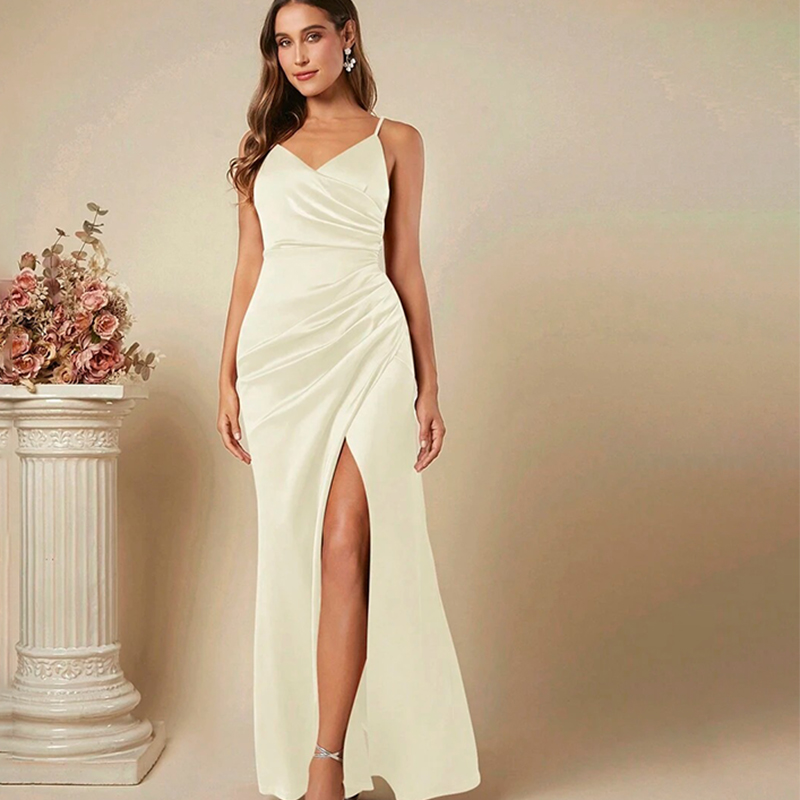 Elegant Satin Evening Gown Split - 女性エレガントなサテンサスペンダードレス 2025 夏の新セクシーな背中の開いたハイスプリットひだ Vestidos イブニングパーティー固体ノースリーブガウン