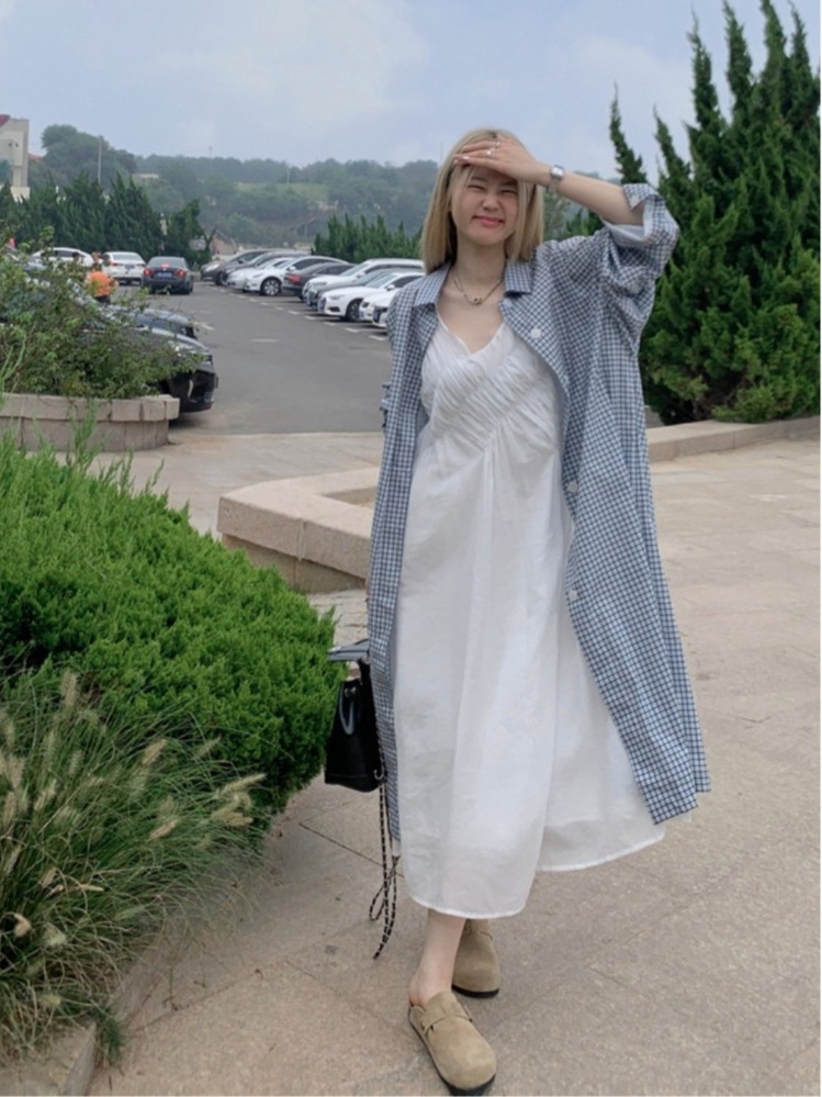 Korean Style A Line Shirt Dress - シックなプラスサイズセット、レイジースタイルのロングシャツコート、スリムなVネックストラップドレス、韓国風Aラインハイウエストサマードレス
