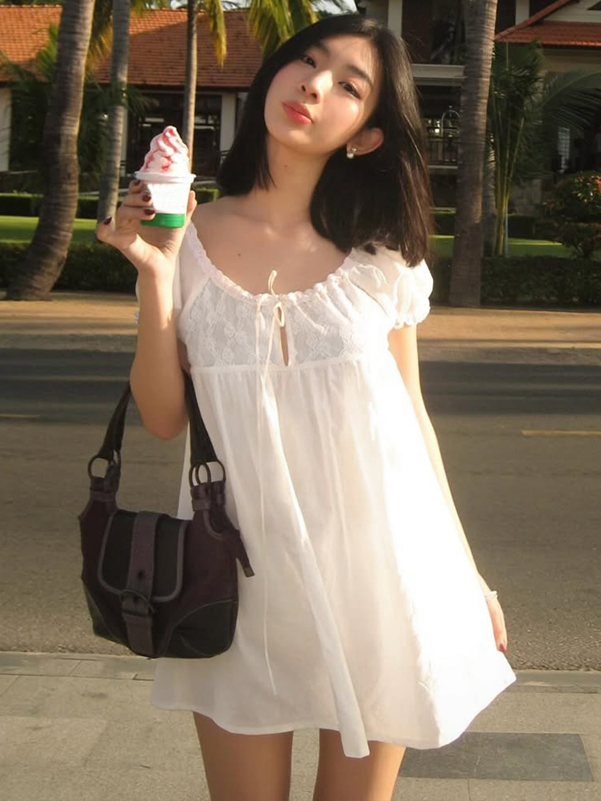 Off Shoulder Puff Sleeve Sundress - ホワイトオフショルダーレースベビードールミニドレス女性パフ半袖フロントタイルーズカジュアルサンドレス