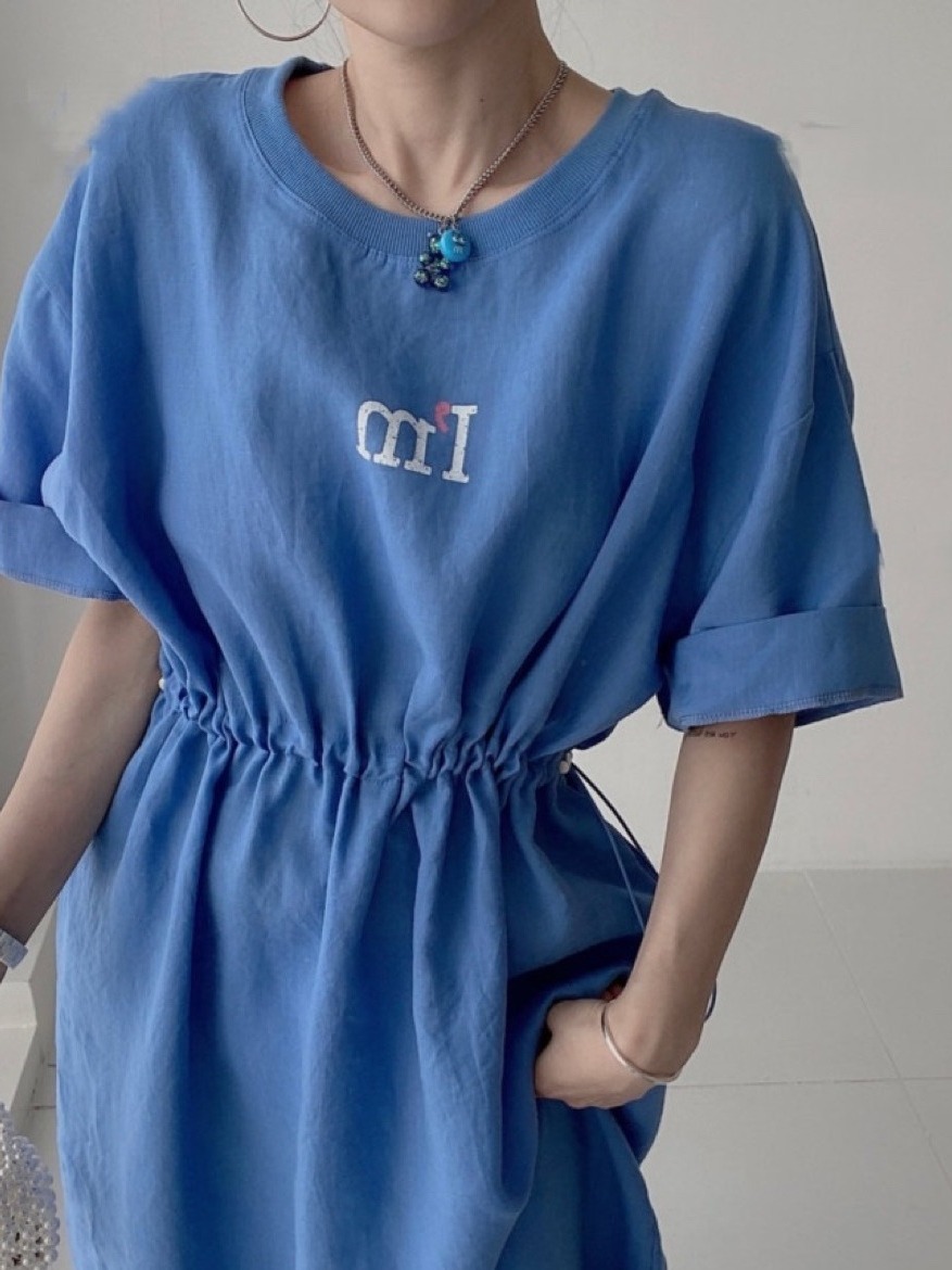 Korean Style A Line Shirt Dress - シックな夏カジュアルラウンドネックレタープリントTシャツドレスレディース半袖ドローストリングウエストAラインドレス韓国スタイル