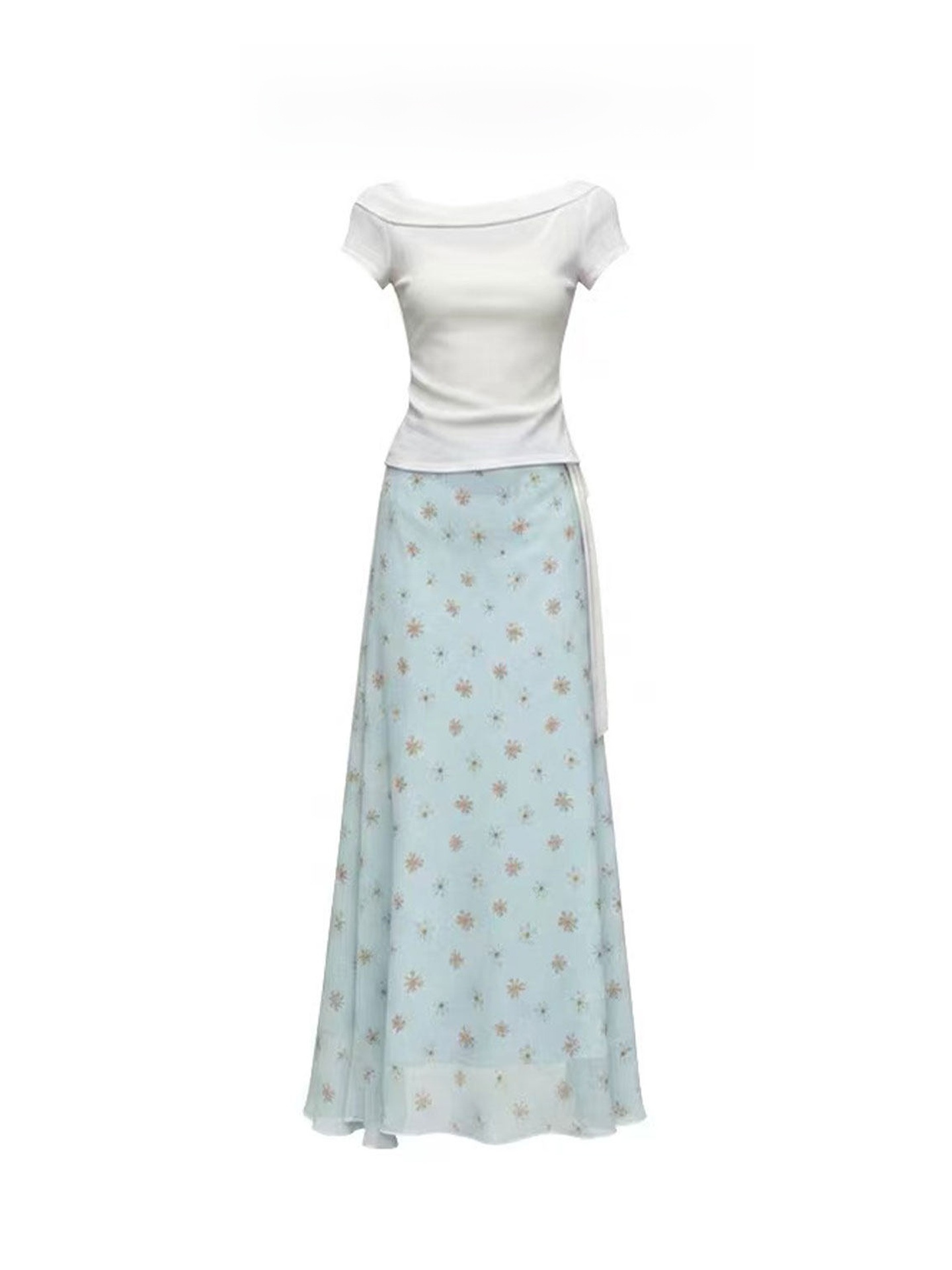 Korean Style A Line Shirt Dress - 韓国デザインAラインフィッシュテールドレス レディースサマー新作 斜め肩イレギュラーTシャツ 花柄ハーフスカートセット
