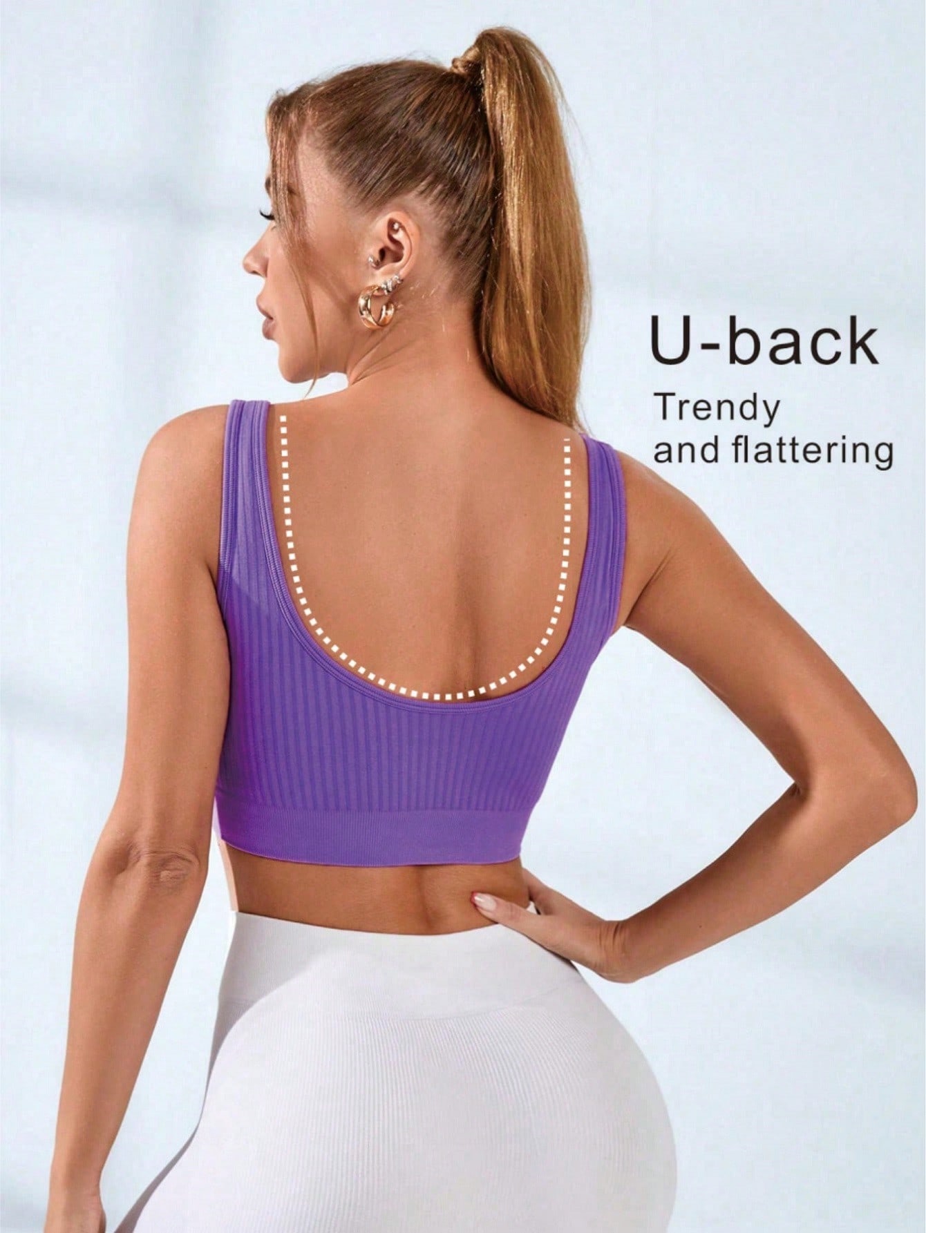 Seamless Ribbed Workout Tank Top - レディース リブ編み Uネック スポーツブラ シームレス ワイドストラップ