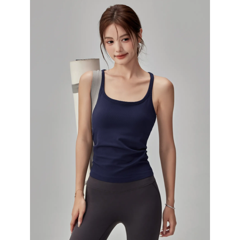 Seamless Ribbed Workout Tank Top - レディース リブ編みシームレスタンクトップ 内蔵ブラ スリムフィット ヨガクロップトップ カジュアルワークアウトベスト