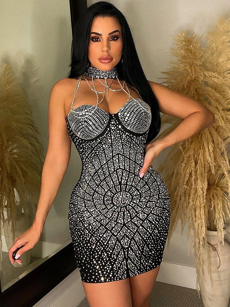 Sparkly Rhinestone Club Party Dress - Doyerl キラキララインストーンダイヤモンド誕生日ドレス女性の高級ナイトクラブホルターバックレスノースリーブウエディングパーティーショートドレス