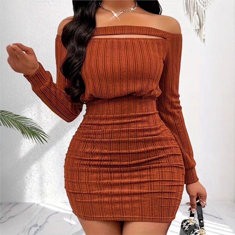 Bodycon Long Sleeve Ribbed Dress - 女性のファッションドレス春秋エレガントなオフショルダーリブセクシーな長袖ボディコンミニパーティードレス女性のための Vestidos