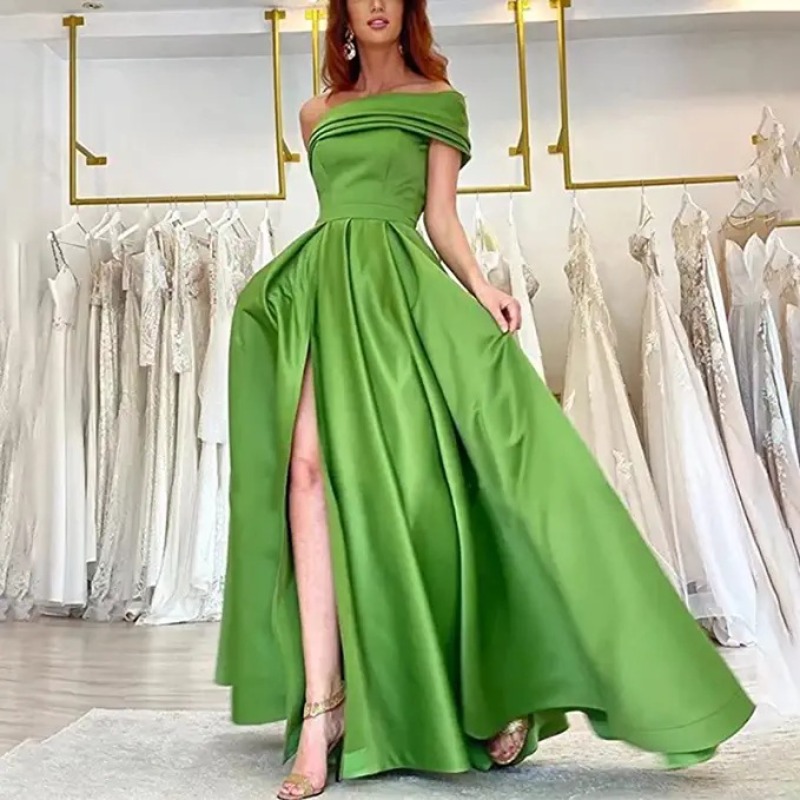 Elegant Satin Evening Gown Split - エレガントなオフショルダーサテンイブニングドレス、ハイ スリット Aラインガウン、結婚式、宴会、誕生日パーティー、フォーマルイベントに最適