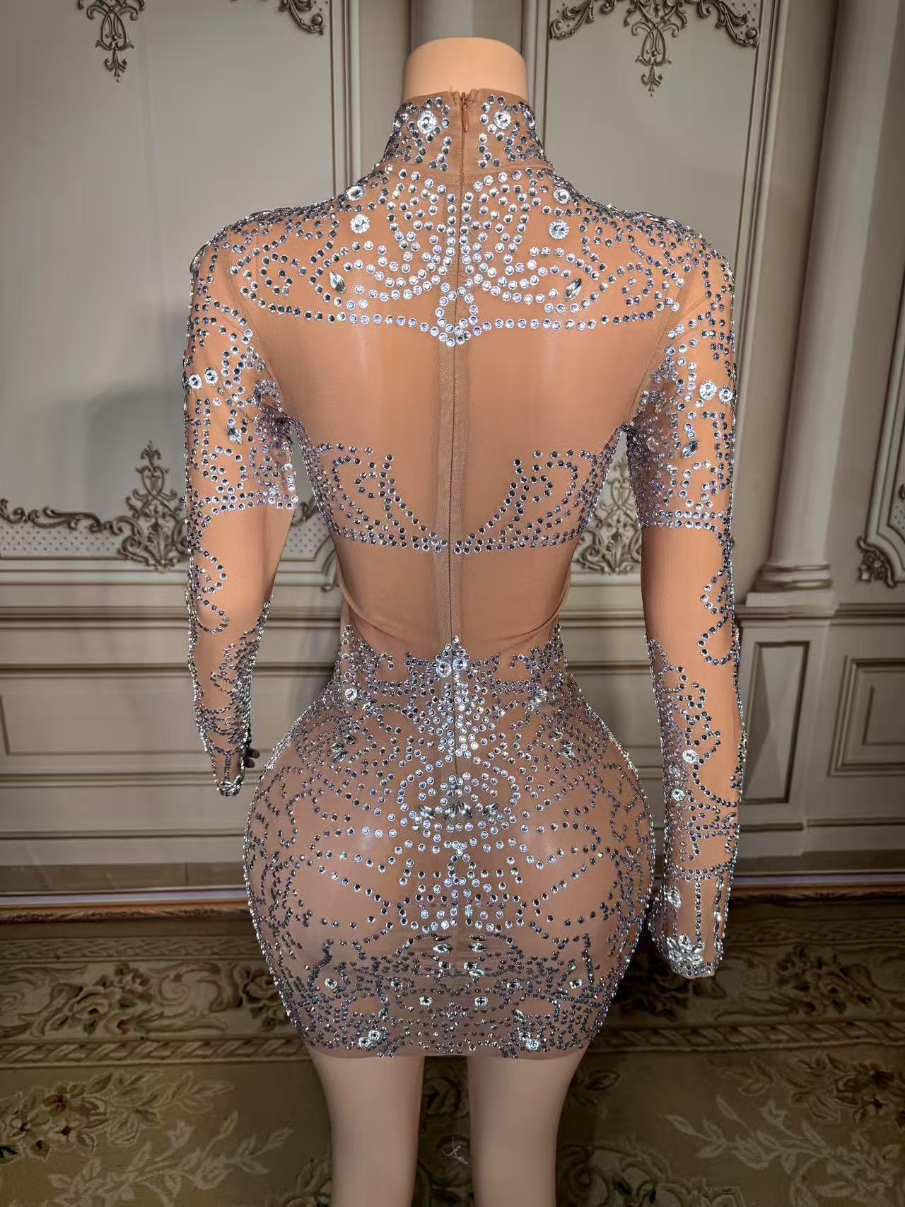 Sparkly Rhinestone Club Party Dress - ZD スパークリーラインストーンミニドレス セクシーメッシュシース イブニングパーティー ナイトクラブ パフォーマンスコスチューム