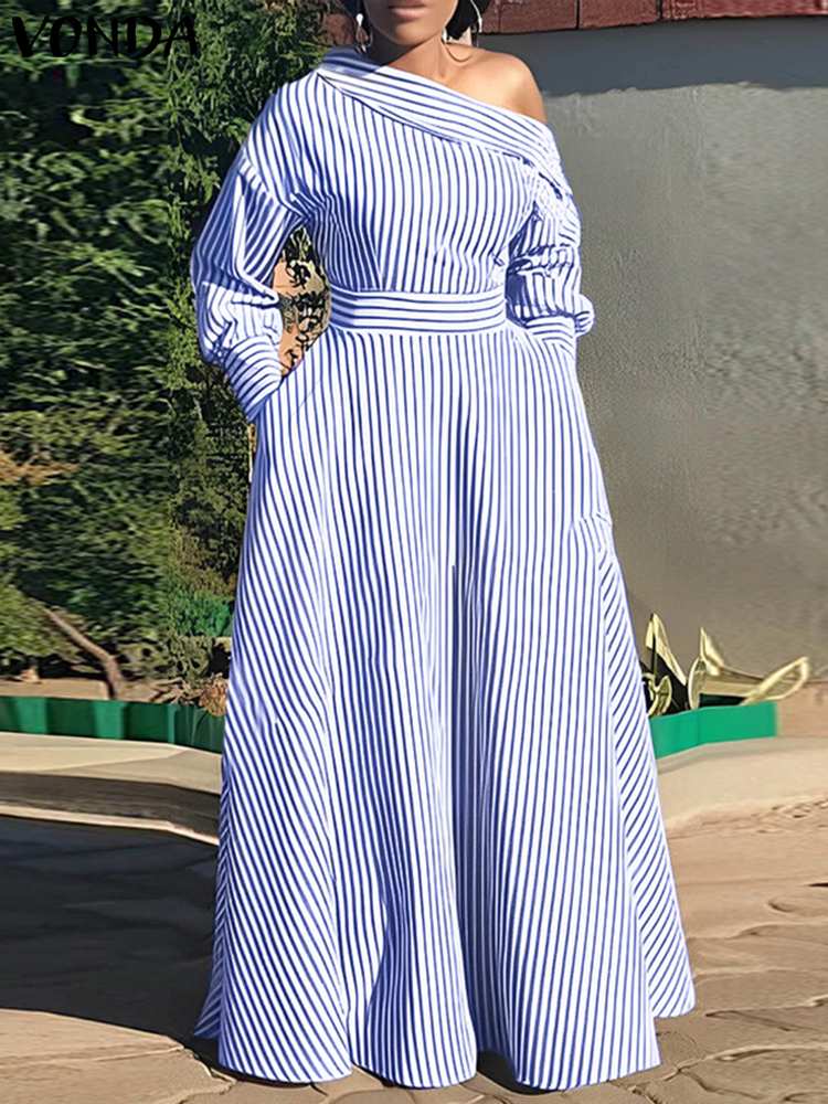 Off Shoulder Puff Sleeve Sundress - VONDA 2024 女性のエレガントなストライプマキシドレスボヘミアンサンドレスカジュアルルーズオフショルダー長袖パーティー Vestidos ローブファム