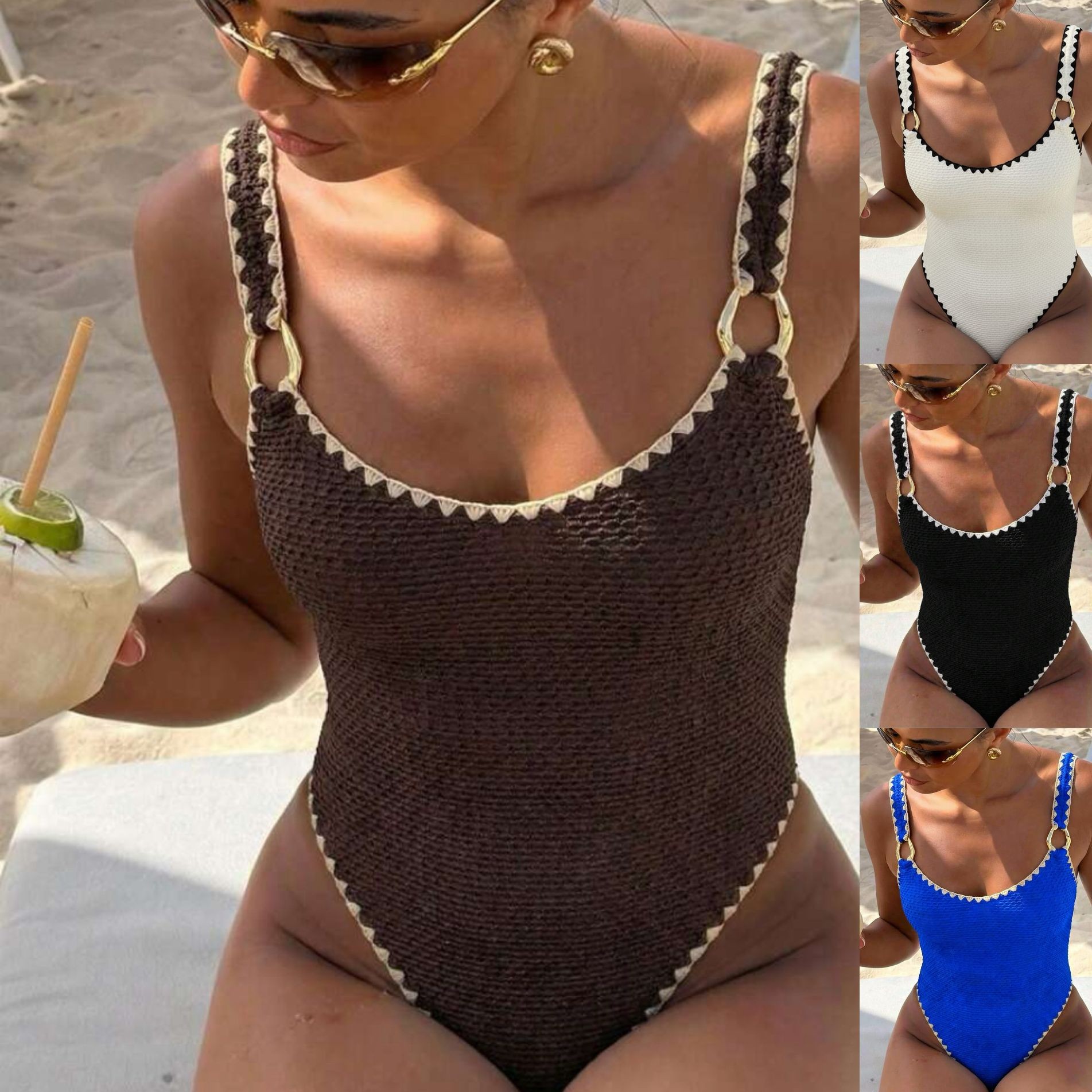 Swimwear - 女性水着水着ノースリーブソリッドカラーハイウエスト V ネックラインバックカットアウトブラウンブラックホワイト水着
