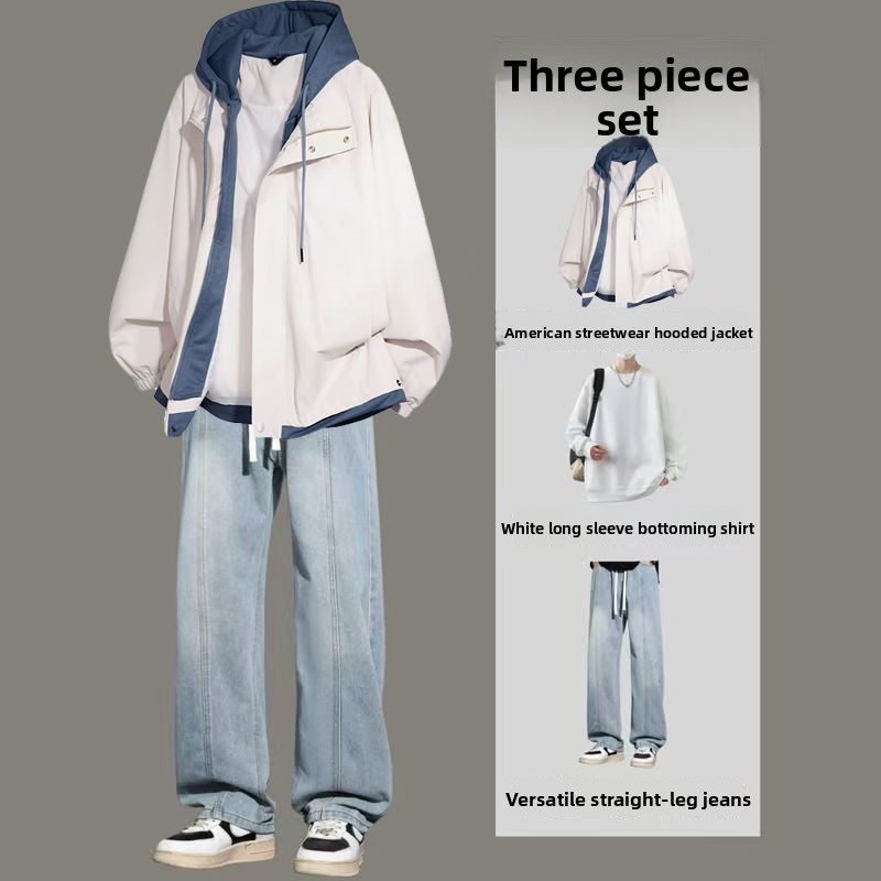 Jeans - メンズ アメリカン ハイストリート フード付き フェイクツーピース ジャケット