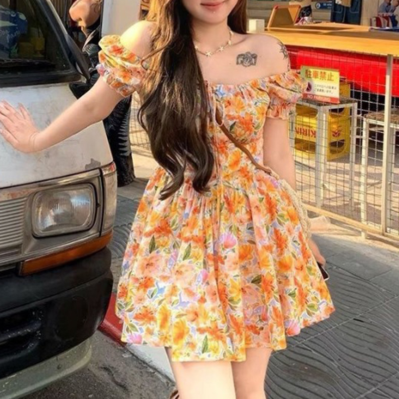Off Shoulder Puff Sleeve Sundress - レディース オレンジ 花柄 オフショルダー ミニドレス パフスリーブ