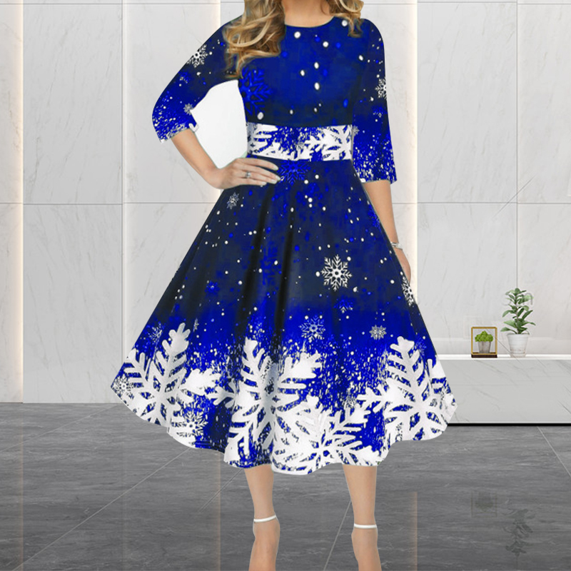 French Vintage Floral Midi Dress - 冬のクリスマスドレス女性ヴィンテージローブスイングエレガントな半袖カジュアルプリントパーティードレス