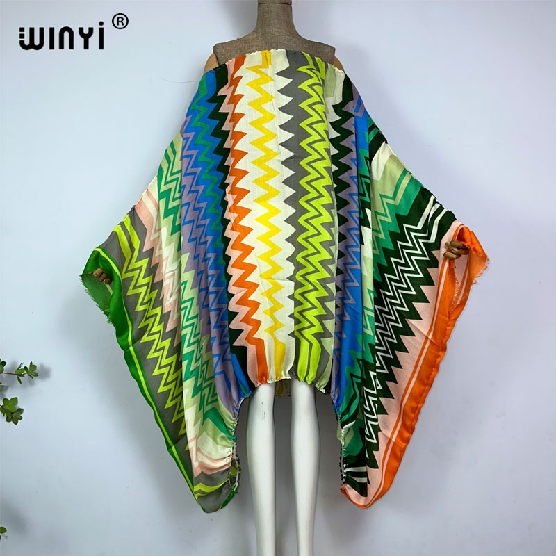 Boho Summer Beach Maxi Dress - WINYI レディースセクシーワンネックマキシドレス 夏用ボヘミアンカラフルプリントバットウィングスリーブドレス 女性用カフタンビーチカバーアップドレス