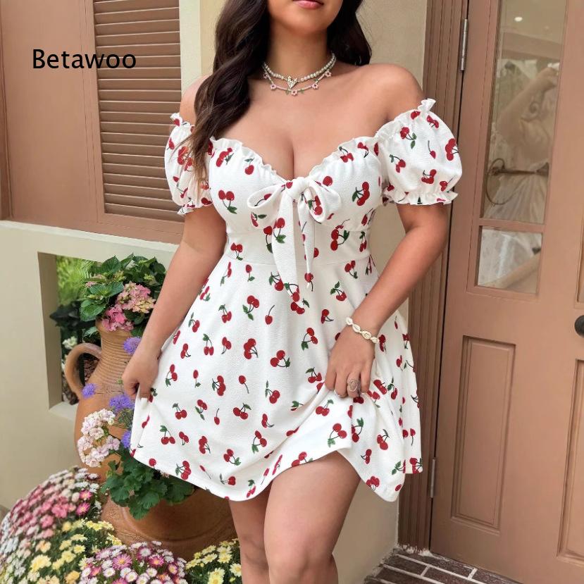 Off Shoulder Puff Sleeve Sundress - 女性用オフショルダーフローラルプリントミニドレス、パフスリーブ、フロントタイ、フリル裾、夏用カジュアルショートサンドレス、ビーチパーティー用