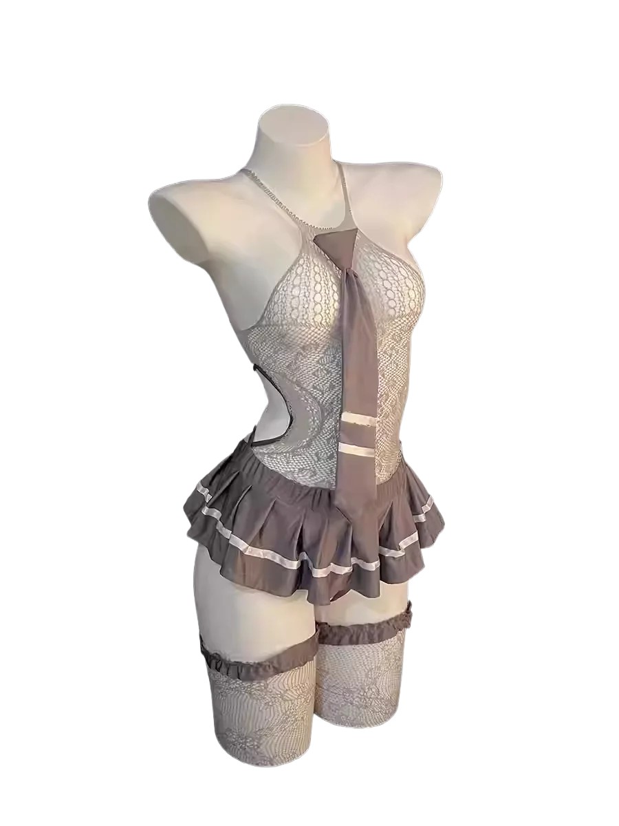 Lingerie - セクシーで魅惑的な制服、エキゾチックな女性用セクシーランジェリーセット；レースアップロールプレイングJKタイ制服誘惑プリーツスカート
