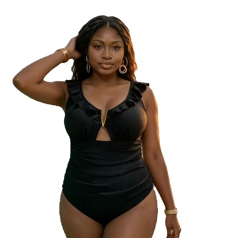 Swimwear - プラスサイズ女性用ワンピース水着 フリル付き無地リブ編み光沢生地 深Vネックカットアウト セクシーなクロスボーダー水着