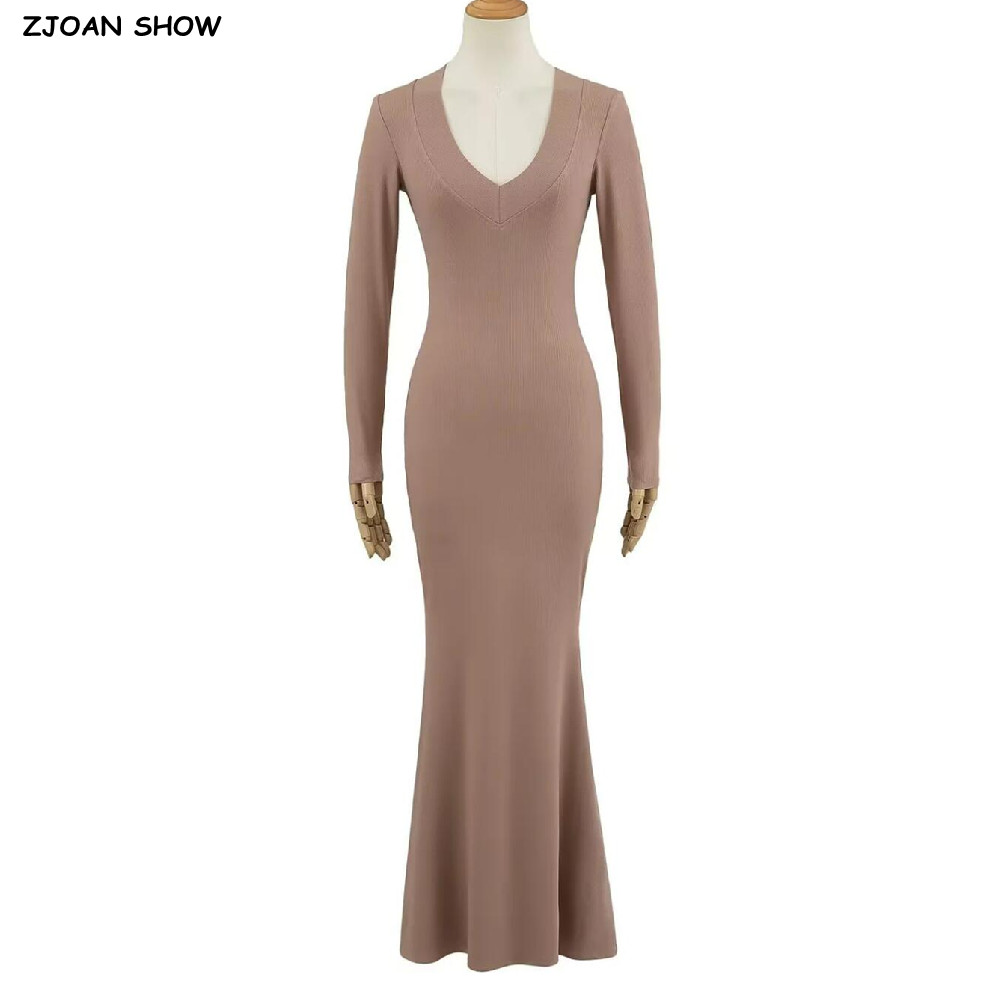 Bodycon Long Sleeve Ribbed Dress - 2025年セクシーVネックリブニットレーヨンコットンロングマーメイドドレス女性フルスリーブストレッチベーシックボディコンフィッシュテールローブベスティド