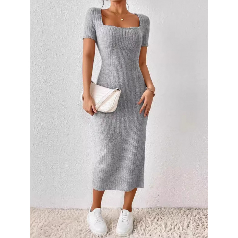 Bodycon Long Sleeve Ribbed Dress - ヴィンテージリブニットミディドレス、スクエアネック長袖ボディコンドレス、カラーブロックトリムスリムフィットイブニングドレス