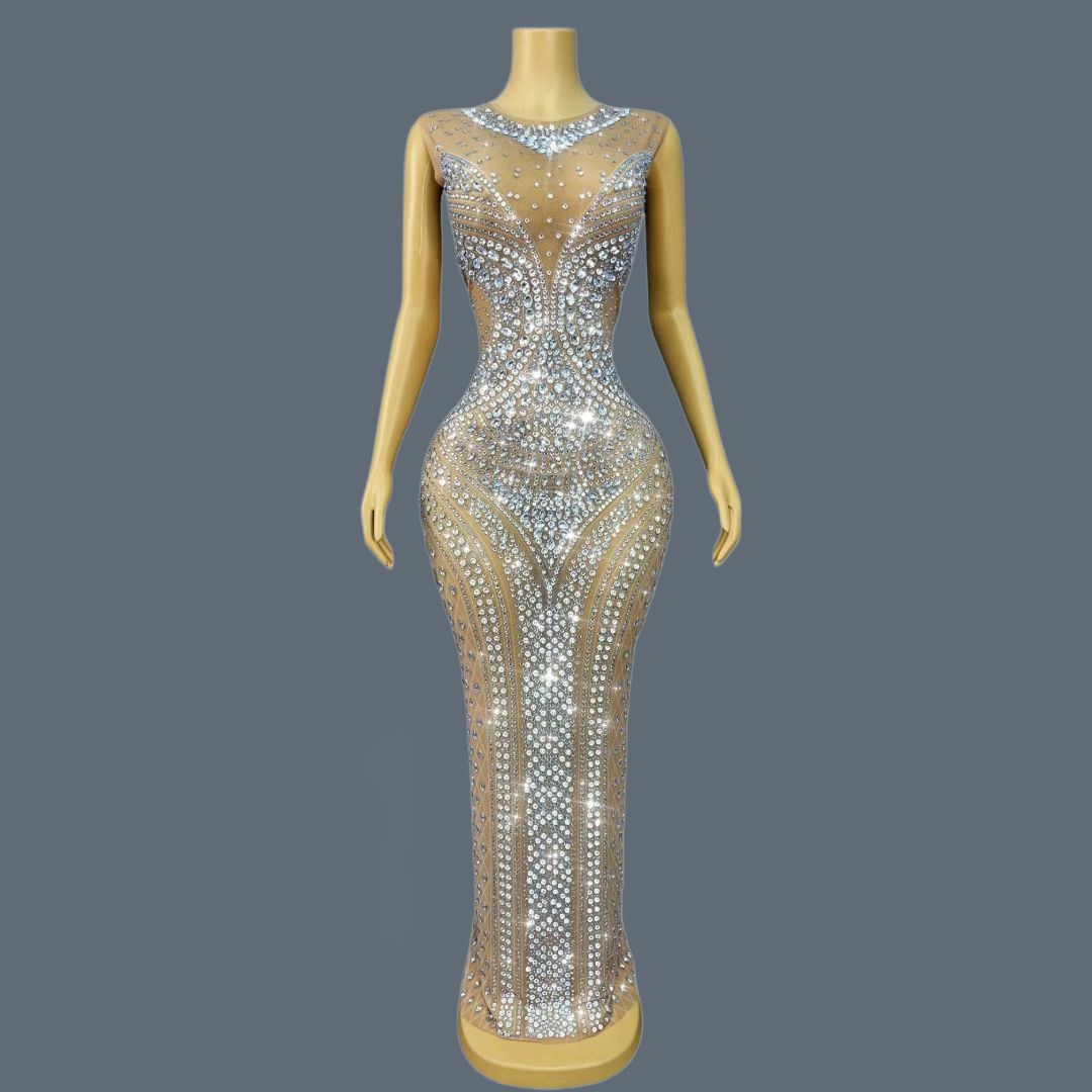 Sparkly Rhinestone Club Party Dress - 女性用キラキラ輝くラインストーンノースリーブイブニングドレス ナイトパーティー誕生日コスチューム バー クラブ ステージパフォーマンス衣装 Qiaojiaren