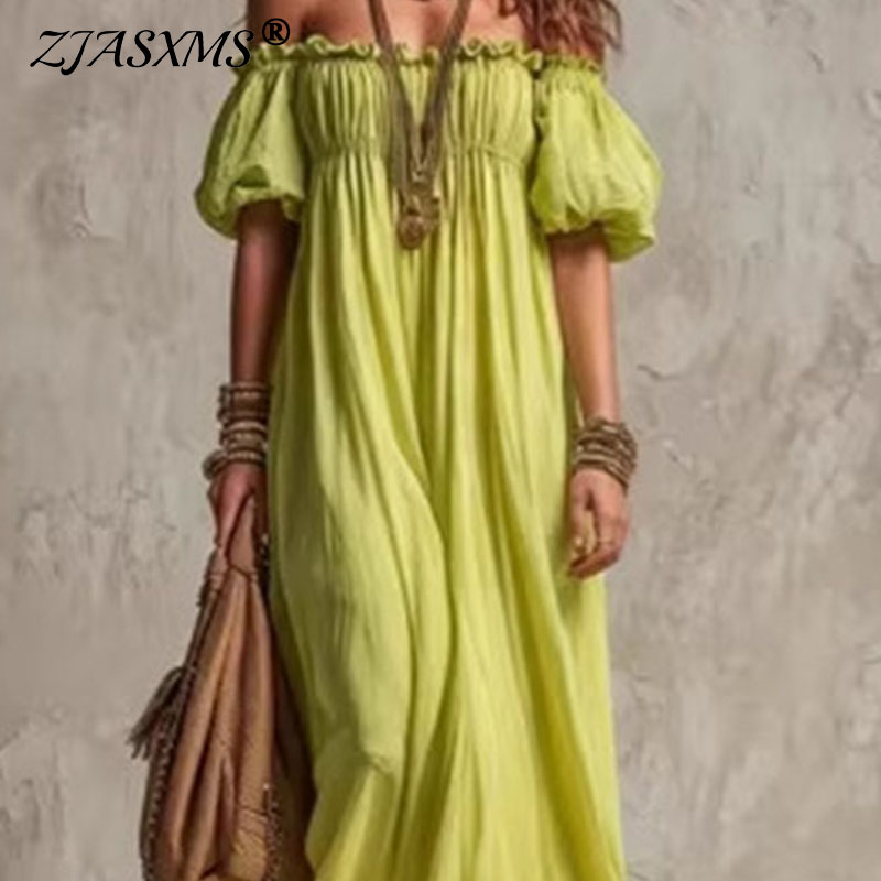 Off Shoulder Puff Sleeve Sundress - 女性弾性ウエストカジュアル休暇サンドレスファッションオフショルダーフリルプリーツマキシドレス夏パフスリーブルーズボヘミアンドレス