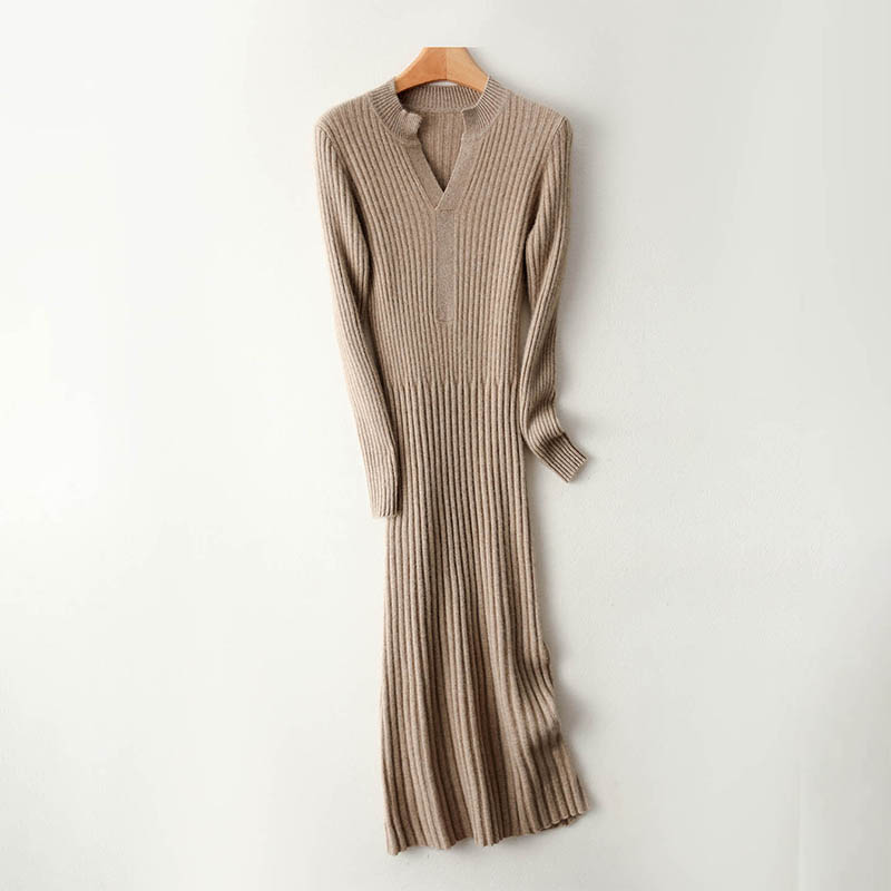 Bodycon Long Sleeve Ribbed Dress - スマートミニマリストリブ編み2025年レディースロングVネックワンピース100%メリノウールスリムフィットボディコンニットワンピース長袖暖かい