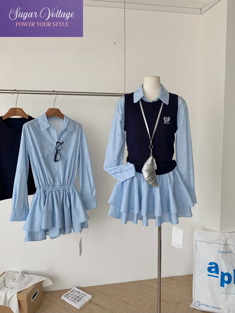 Korean Style A Line Shirt Dress - 春秋韓国ファッションカレッジスタイルツーピースセット女性長袖ストライプシャツドレス+ニットベストカジュアル服
