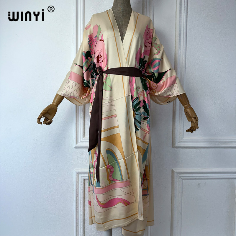 Boho Summer Beach Maxi Dress - WINYI サマープリント 中東風着物 ビーチカバーアップドレス エレガントなアフリカ女性用 ボホカーディガン