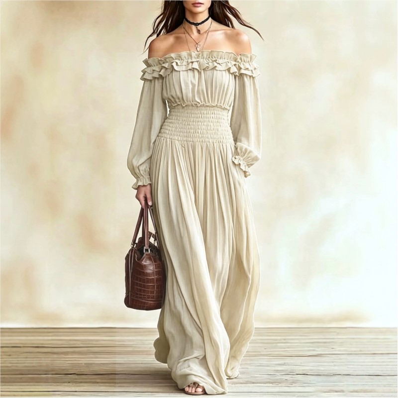Off Shoulder Puff Sleeve Sundress - 女性用オフショルダーラッフルマキシドレス、ロングランタンスリーブ、スモックウエスト、ボヘミアンフローイーロングドレス、カジュアルビーチバケーションサンドレス