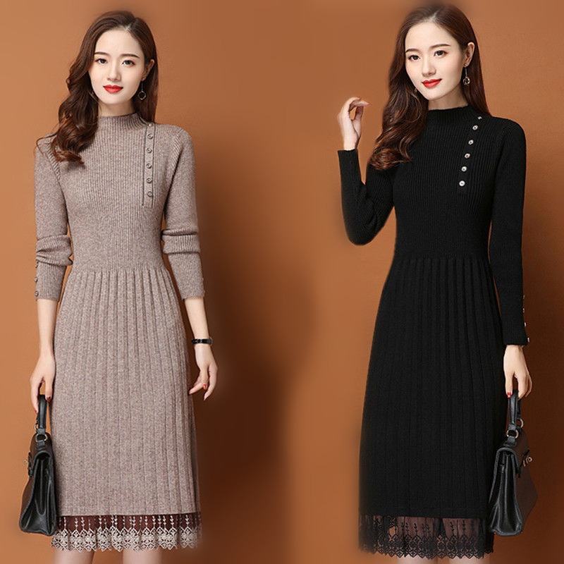 Bodycon Long Sleeve Ribbed Dress - レース裾ボタン女性秋冬セーターニットラインドレスリブスリム弾性長袖女性ボディコンミディドレス