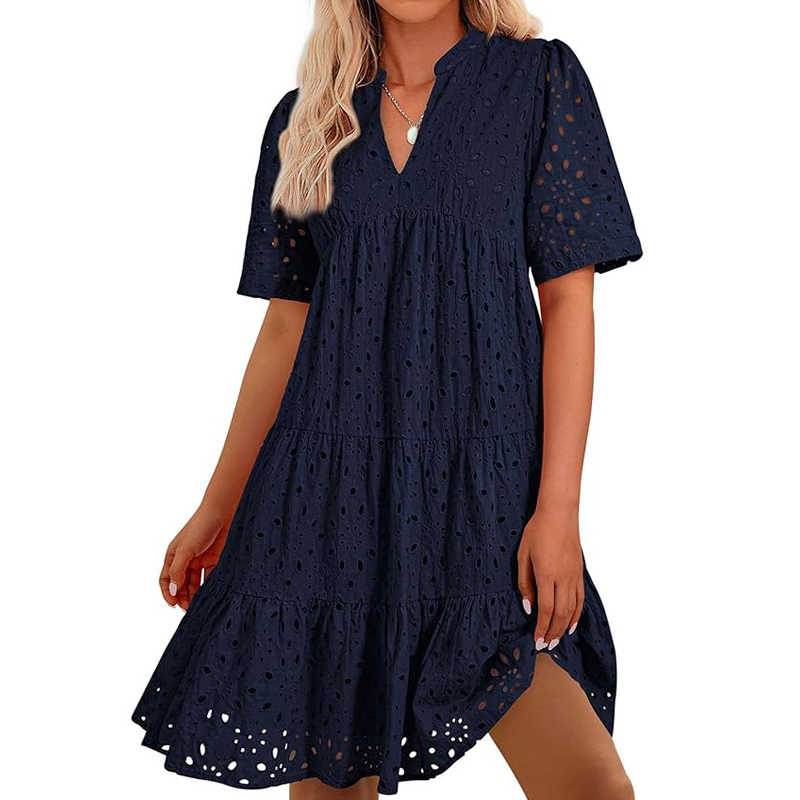 French Vintage Floral Midi Dress - レディース ボヘミアン サマー Vネック 半袖 透かし彫りレース