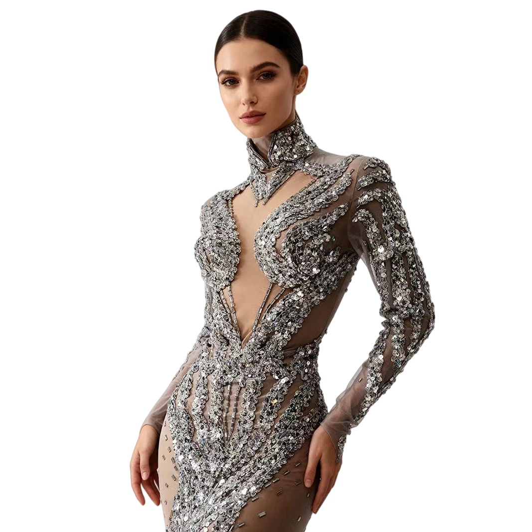 Sparkly Rhinestone Club Party Dress - シルバーのキラキラ輝くスパンコールが透けるボディコンミニドレス、ナイトクラブ、パーティー、スパイシーガールの衣装、ステージ公演、ラインストーンウェア、フェイシャン