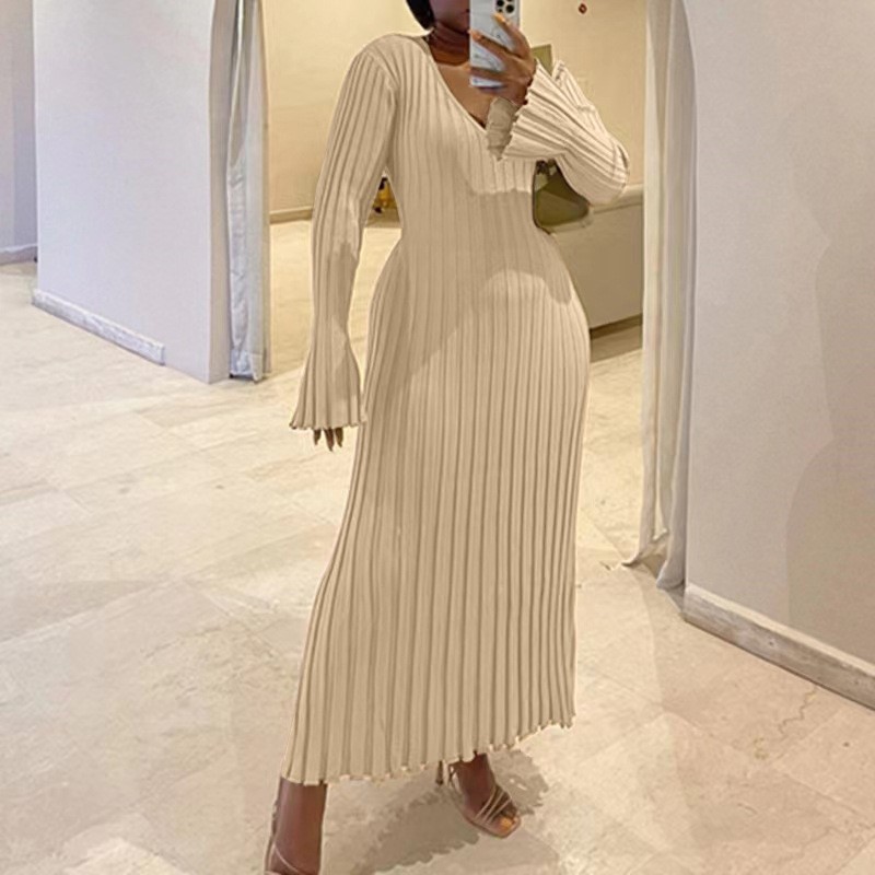 Bodycon Long Sleeve Ribbed Dress - 女性の秋の V ネックニットスカートファッションリブ長袖ハイウエストプリーツドレスレディースエレガントニットウェアストリートウェア Vestidos