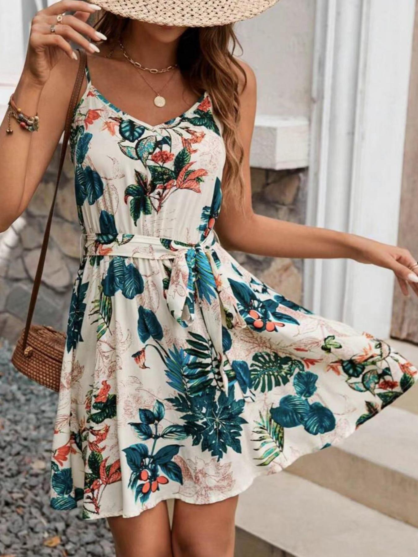 French Vintage Floral Midi Dress - ボヘミアンスタイルの女性用ベルトドレス、休暇やアウトドアアクティビティに適しており、快適でファッショナブルです。