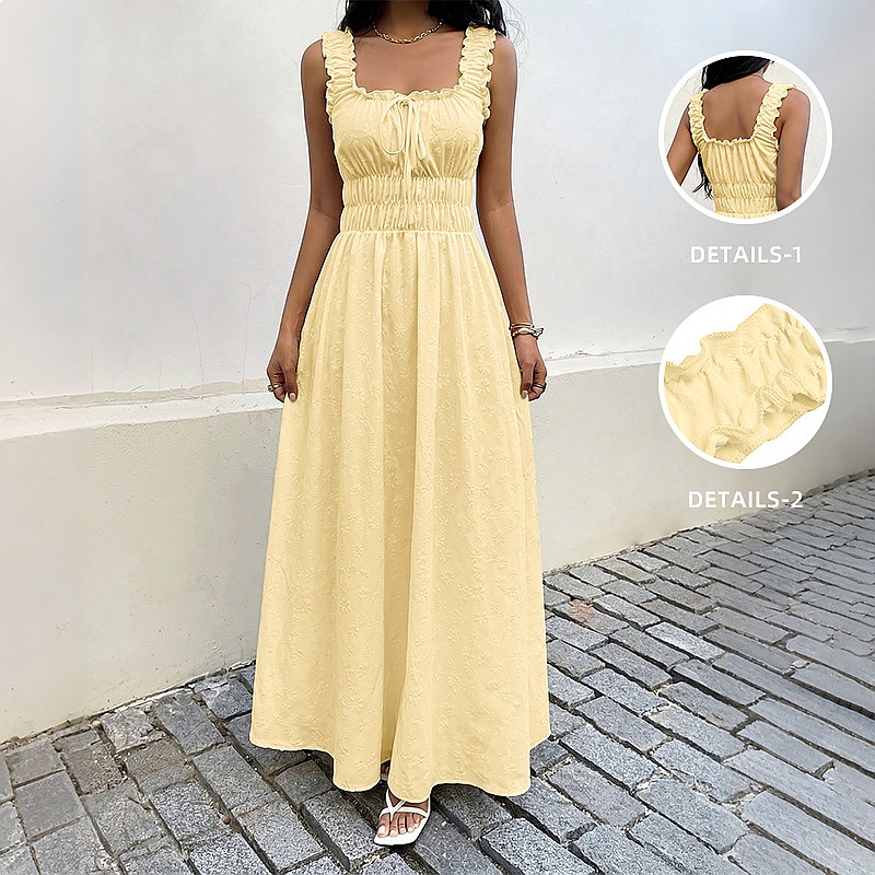 Boho Summer Beach Maxi Dress - 夏のノースリーブスクエアネックドレスフレンチヴィンテージロングドレスボヘミアンビーチバケーションドレス女性用サンドレスふわふわマキシドレス