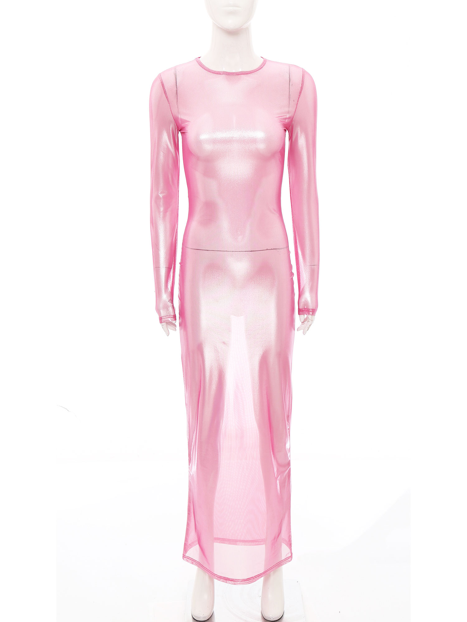 Sexy Mesh Sheer Bodycon Dress - レディース シャイニーメタリック シアー ロングドレス シースルー 長袖