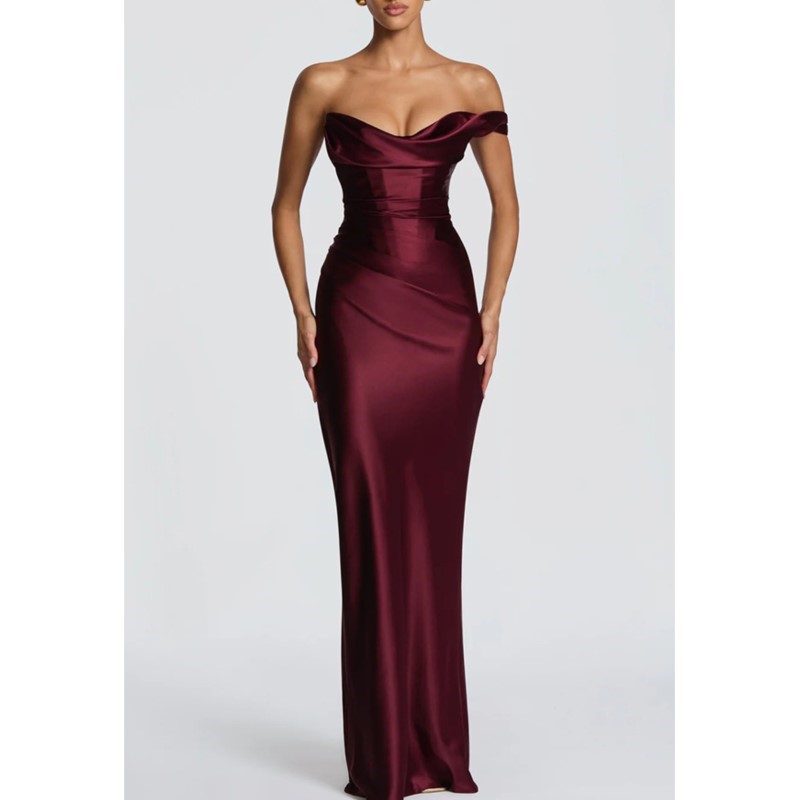 Elegant Satin Evening Gown Split - セクシーなスリムサテンドレス、エレガントでシックなプリーツワンショルダーバックレスハイウエストスリット入りソリッドドレス、ボディコンクラブ、イブニングパーティーガウン