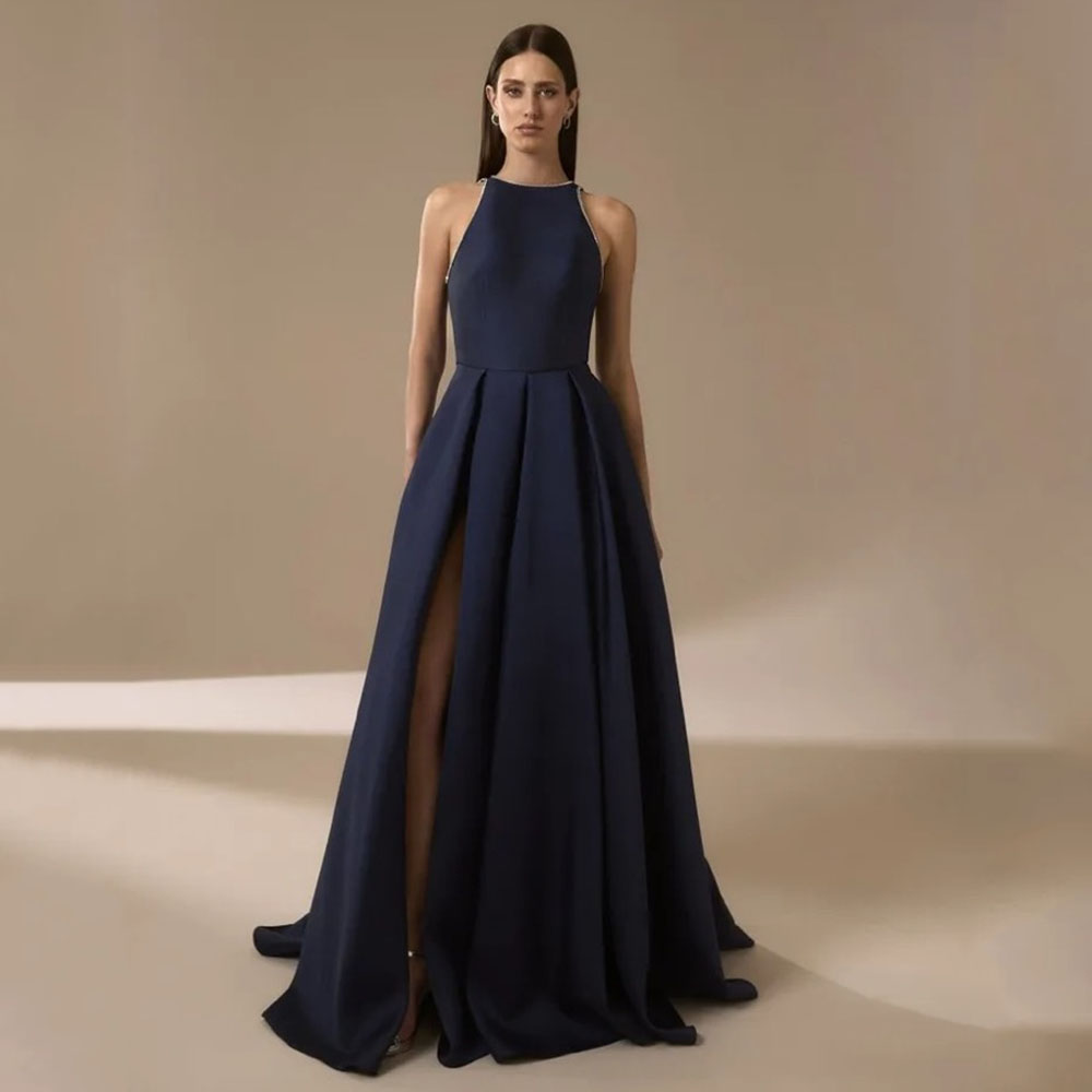 Elegant Satin Evening Gown Split - ネイビーブルーのサテンイブニングドレス レディース 2025 ビーズ刺繍 Oネック エレガントなプロムガウン