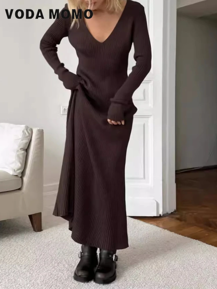 Bodycon Long Sleeve Ribbed Dress - 長袖多用途ボディコンマキシドレスレトロオフィスレディースローブ冬 V ネックエレガントなリブニットドレス女性秋