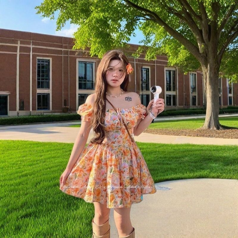 Off Shoulder Puff Sleeve Sundress - ホットセール オレンジ花柄プリント オフショルダーミニドレス パフスリーブ Aライン カジュアルビーチワンピース
