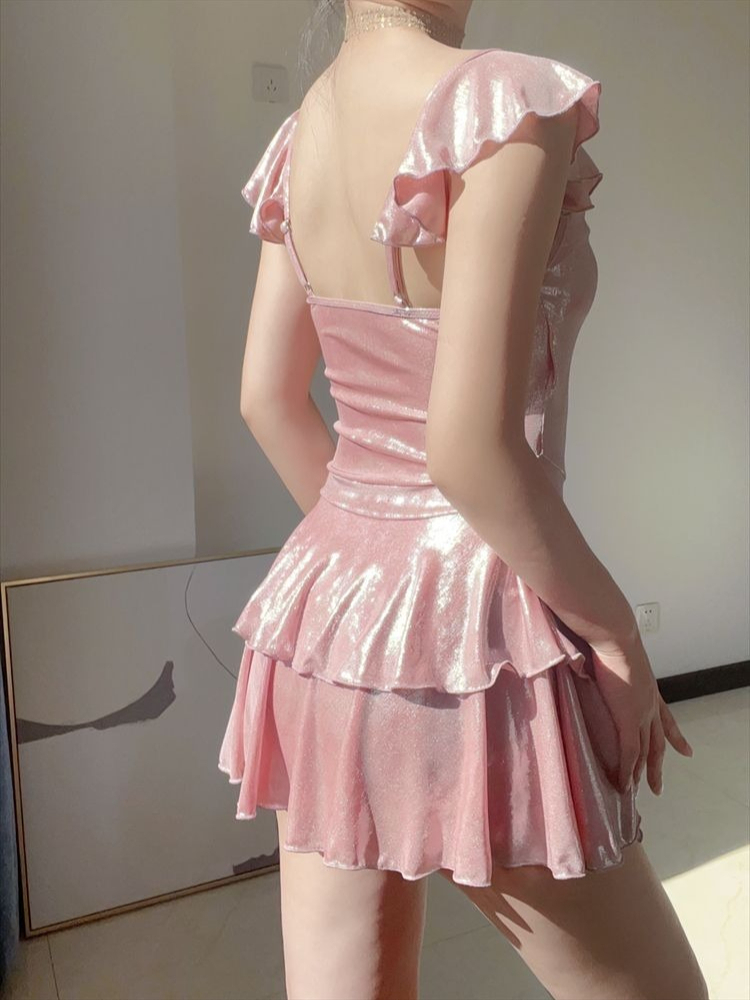 Skirts - 見栄えの良い光沢のあるピンクの水着女性用シャーリングタンキニトップとスカートボトムおなかコントロール水着夏のビーチ衣装