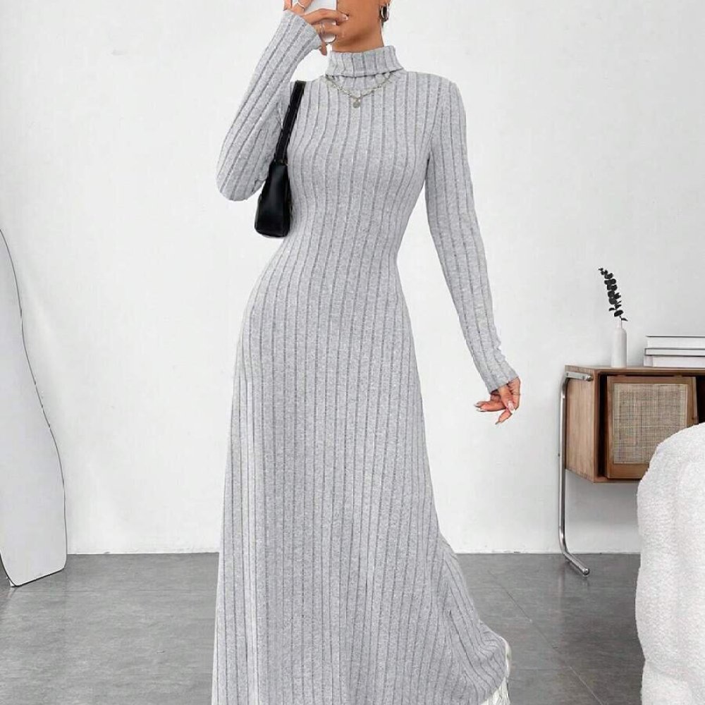 エレガントな秋のハイネック長袖スリムドレス、女性用無地リブニ - Bodycon Long Sleeve Ribbed Dress のレビューと価格