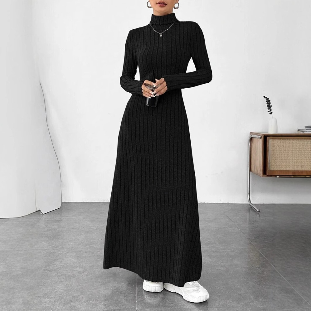 エレガントな秋のハイネック長袖スリムドレス、女性用無地リブニ - Bodycon Long Sleeve Ribbed Dress のレビューと価格